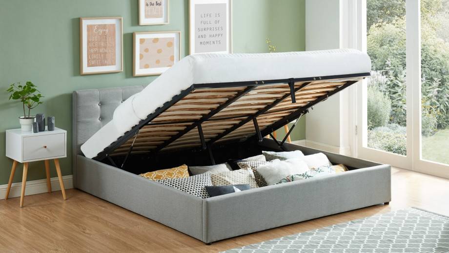Lit coffre pas cher, démontable et personnalisable, avec des espaces de rangement
