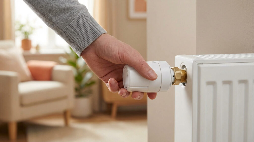 Une main installe une tête thermostatique de radiateur blanche pour réguler la température et économiser de l'énergie.