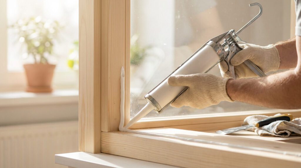 Gros plan sur des mains gantées appliquant du mastic blanc le long d'un cadre de fenêtre en bois, avec de la lumière naturelle en arrière-plan.