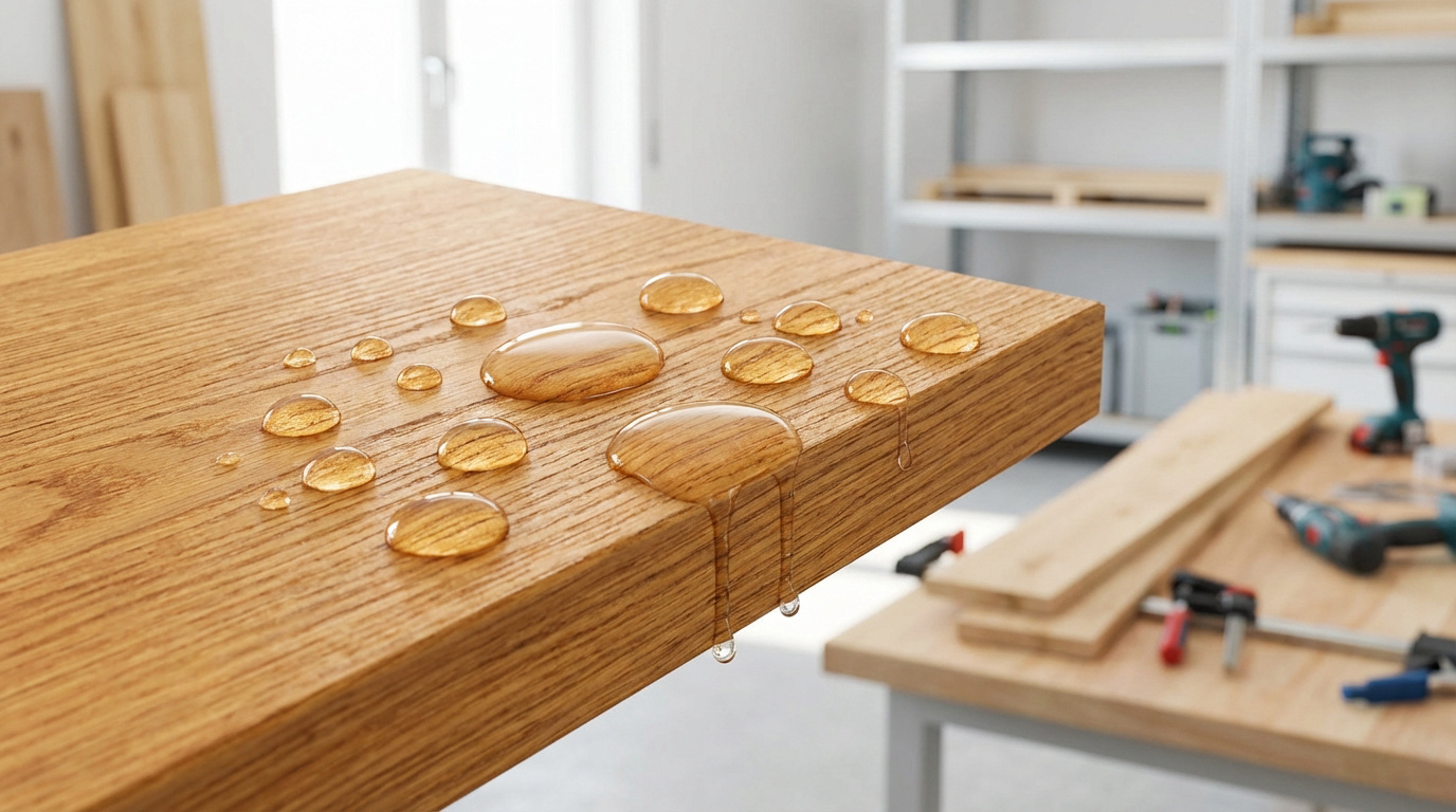 Gouttes d'eau perlant sur une surface de bois clair et traité, certaines s'écoulant du bord. Arrière-plan flou d'atelier.