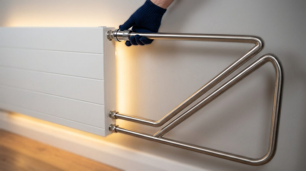 Main gantée installant un porte-serviettes chromé sur un radiateur blanc design avec rétroéclairage chaleureux.