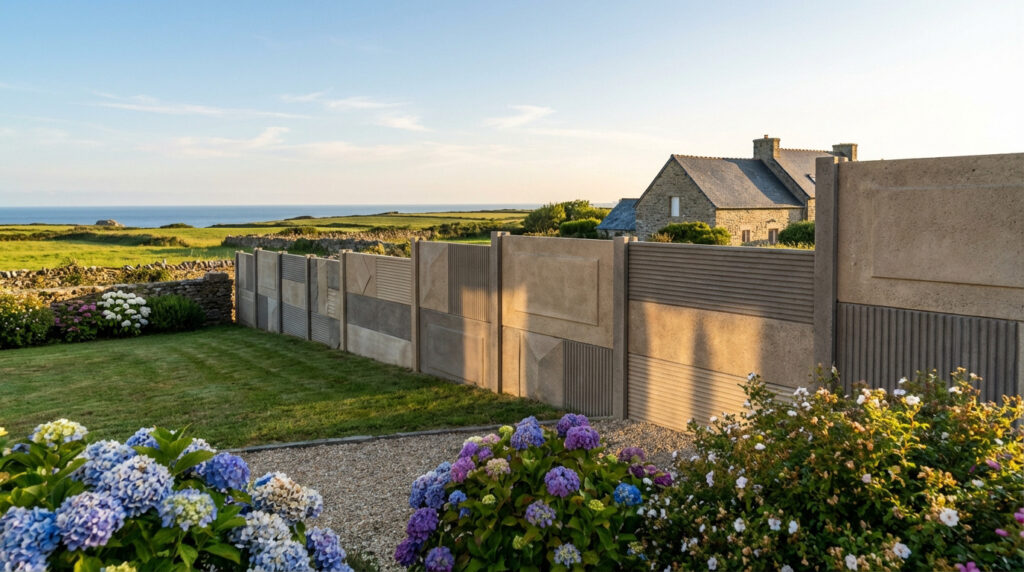 Clôture béton décorative avec motifs variés dans un jardin fleuri en Bretagne, face à la mer et des maisons en pierre.