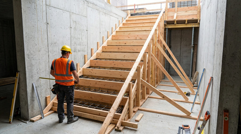 Ouvrier mesurant un coffrage d'escalier en bois avec ferraillage, entre deux murs en béton, sur un chantier.