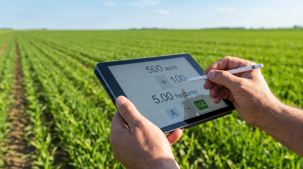 Mains tenant une tablette affichant "500 ares ÷ 100 = 5.00 hectares" avec un stylet, dans un champ cultivé vert.