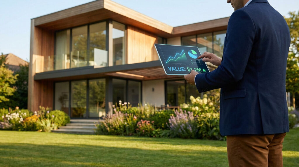 Un professionnel en costume évalue une maison moderne avec une tablette transparente affichant un graphique de valeur et 1,2M$.