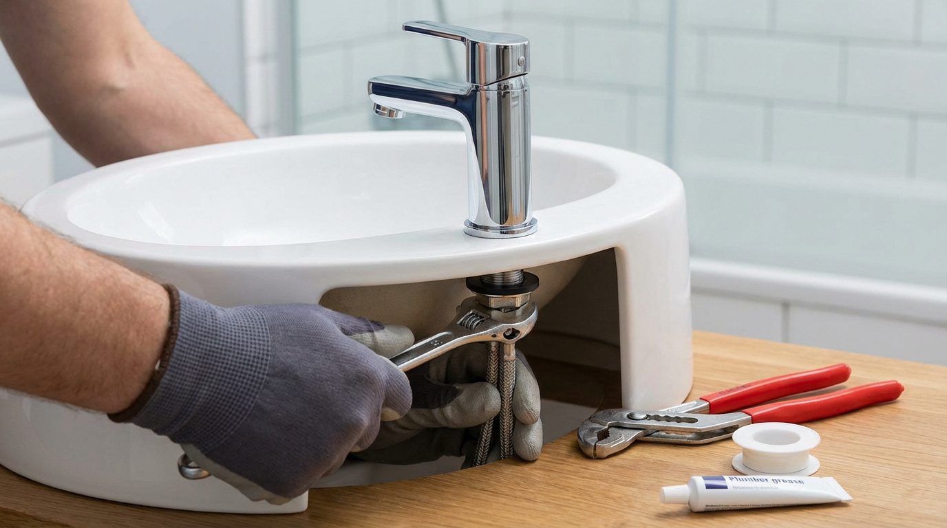 Une personne installe un robinet de lavabo blanc avec une clé, entourée d'outils de plomberie et de produits d'étanchéité.