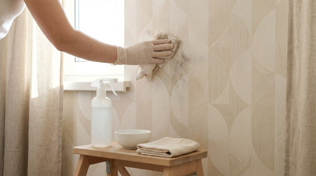 Main gantée nettoyant une tache foncée sur un papier peint beige clair avec un chiffon. Bouteille et bol sur un tabouret.