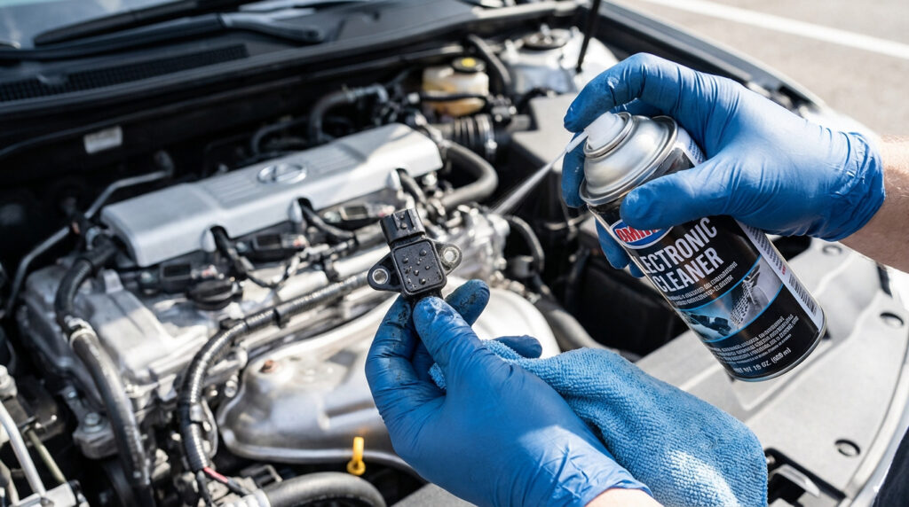 Mains gantées nettoyant un capteur MAP avec un spray décapant électronique au-dessus d'un moteur de voiture ouvert.
