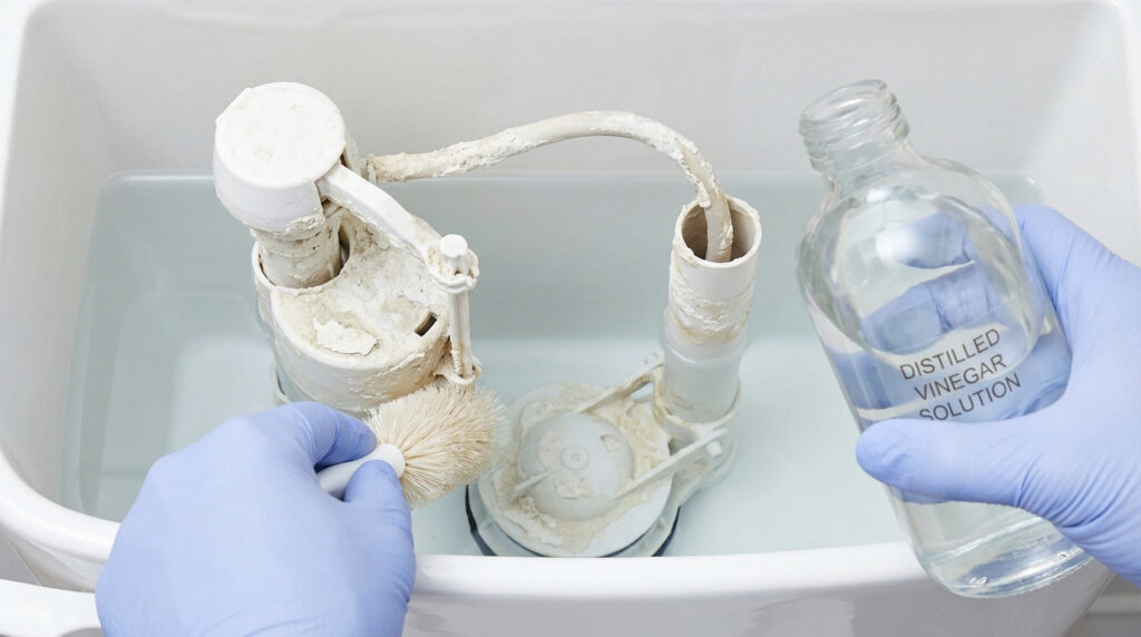 Personne en gants bleus détartrant l'intérieur d'une chasse d'eau incrustée de calcaire avec une brosse et du vinaigre.