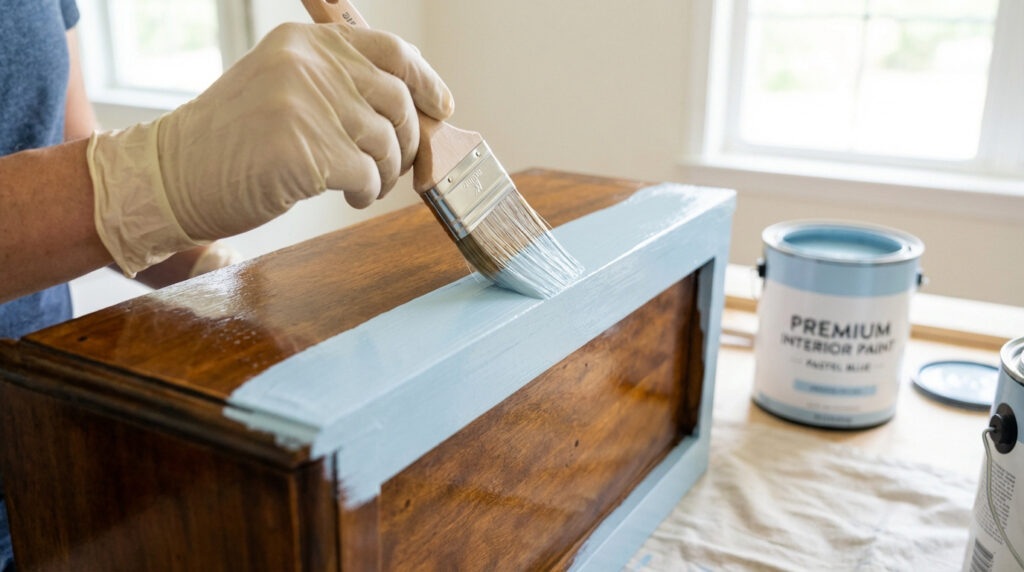 Main gantée peignant un meuble vernis en bois marron avec de la peinture bleu pastel. Un pot de peinture d'intérieur est à côté.