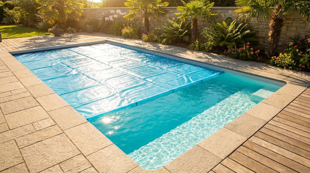 Piscine rectangulaire avec bâche à bulles bleue partiellement déployée, sous un soleil éclatant. Bordure en pierre et bois.