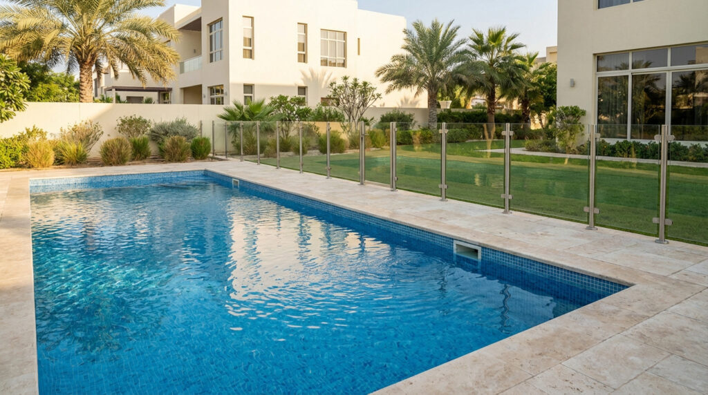 Vue d'une piscine rectangulaire aux carreaux bleus, entourée d'une clôture de sécurité en verre. Maisons et palmiers en arrière-plan.