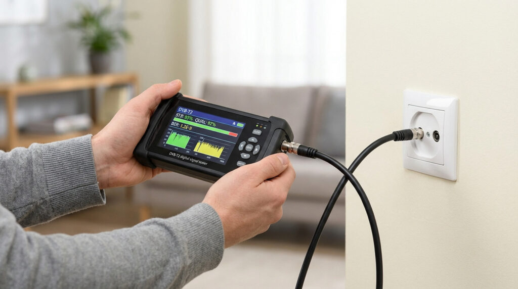 Mains testant une prise TV murale avec un testeur de signal numérique DVB-T2. L'écran affiche force (89%) et qualité (92%).