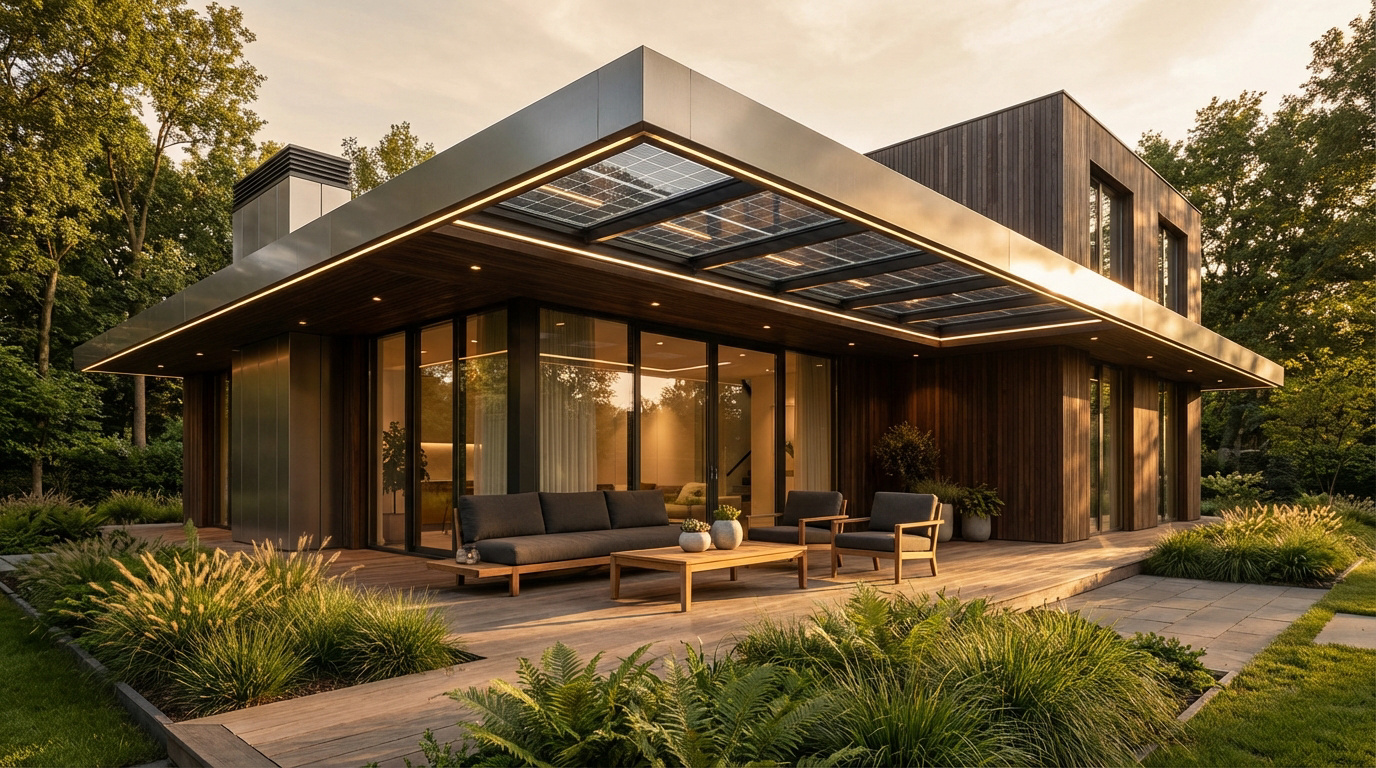 Maison moderne avec avancée de toit vitrée intégrant des panneaux solaires, terrasse en bois et mobilier extérieur.