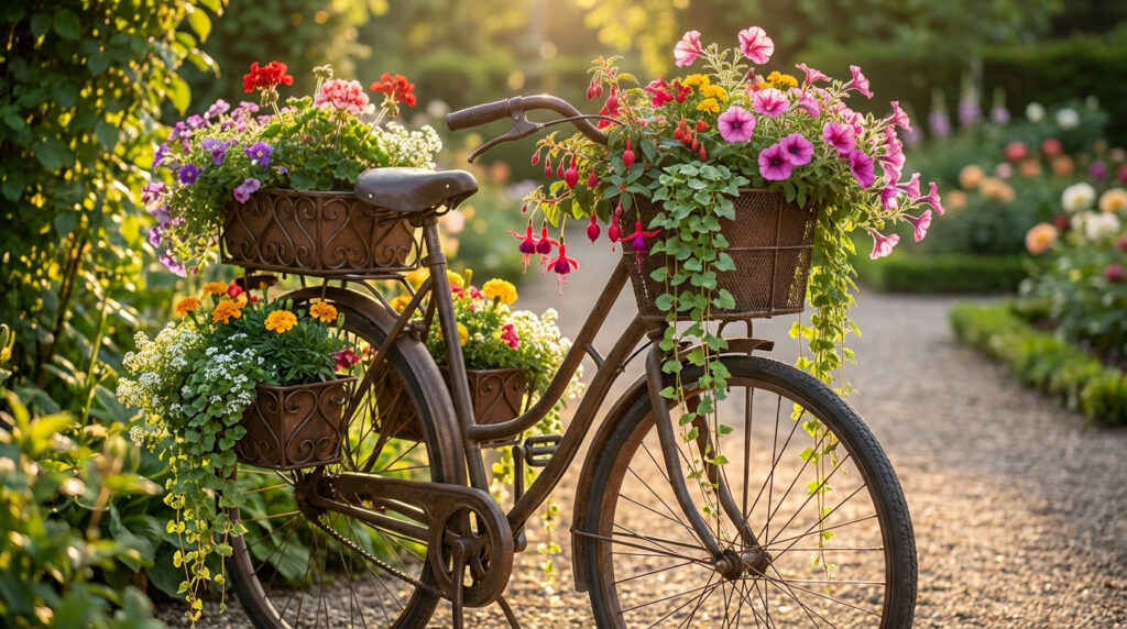 Un vélo vintage rouillé décoré de paniers débordant de fleurs colorées (géraniums, pétunias, fuchsias) dans un jardin ensoleillé.