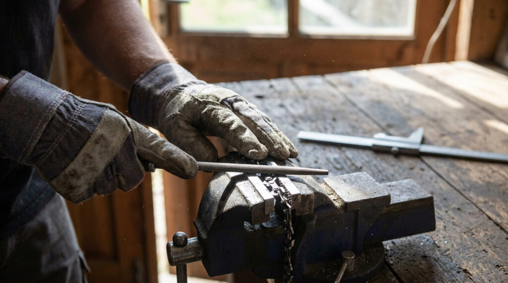 Mains gantées affûtant une chaîne de tronçonneuse fixée dans un étau avec une lime ronde sur un établi en bois.