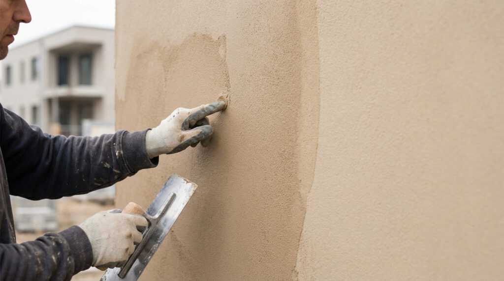 Gros plan sur un ouvrier ganté testant un enduit de façade frais avec son doigt et une truelle. Bâtiments modernes en arrière-plan.