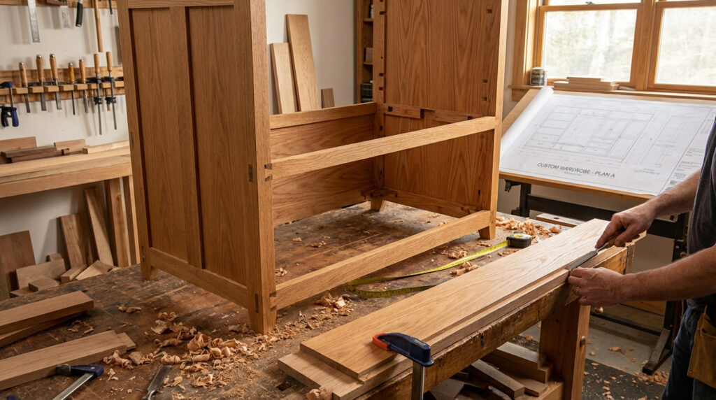Dans un atelier, un ébéniste assemble une penderie en bois clair avec des joints complexes, travaillant une pièce sur établi avec un ciseau. Des plans sont visibles.