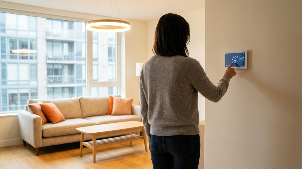 Personne ajustant un thermostat mural intelligent dans un salon moderne. Vue sur des bâtiments par la fenêtre.