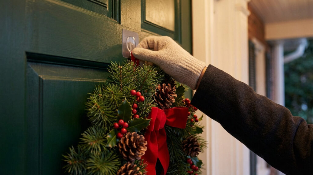 Main gantée accrochant une couronne de Noël décorée de baies et pommes de pin à une porte verte, à l'aide d'un crochet adhésif transparent.