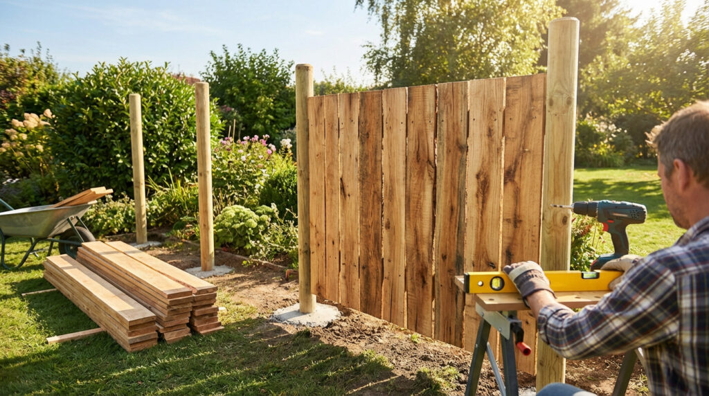 Un homme construit une palissade en bois dans un jardin ensoleillé, fixant des planches avec une perceuse et un niveau à bulle.