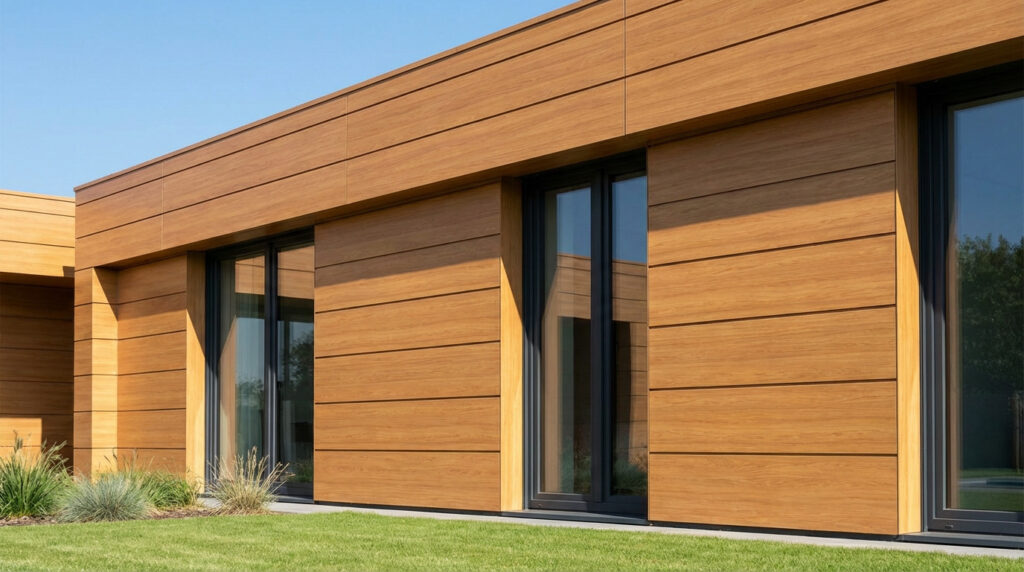 Façade contemporaine revêtue de bardage clin aluminium imitation bois avec grandes baies vitrées et pelouse verte.