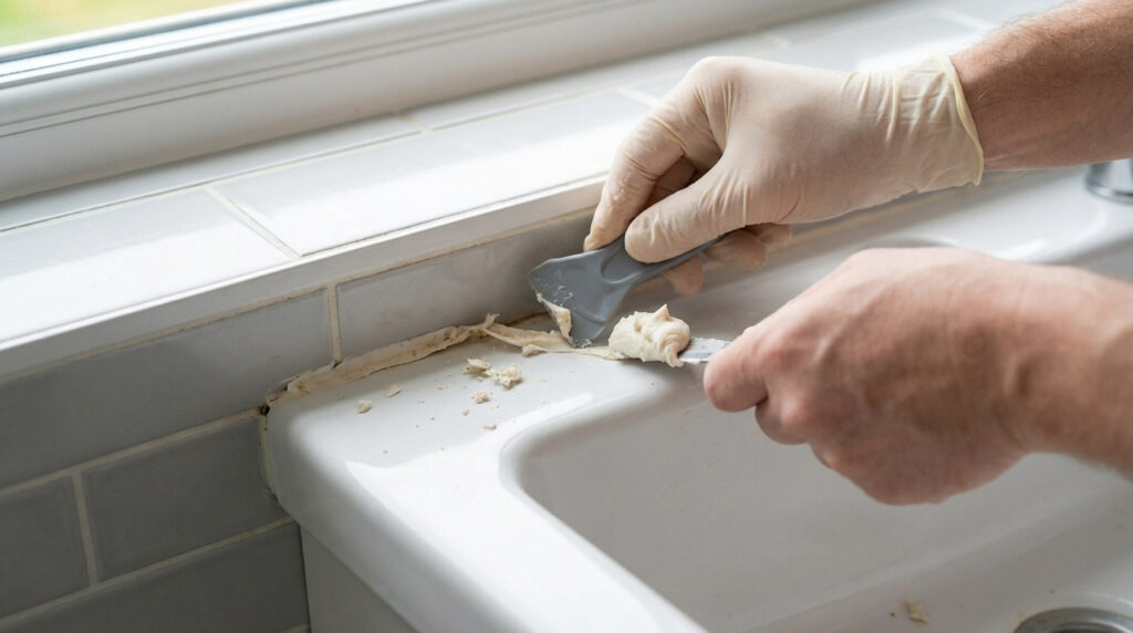 Main gantée retirant un vieux joint de mastic autour d'un évier avec une spatule et une pâte décapante.