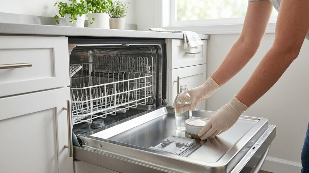 Personne gantée nettoie un lave-vaisselle avec du vinaigre blanc et du gros sel. L'appareil est ouvert, montrant les paniers.