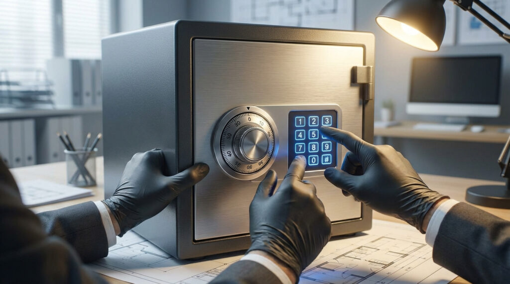 Personne en gants noirs composant un code sur un coffre-fort sécurisé avec cadran, dans un bureau lumineux.