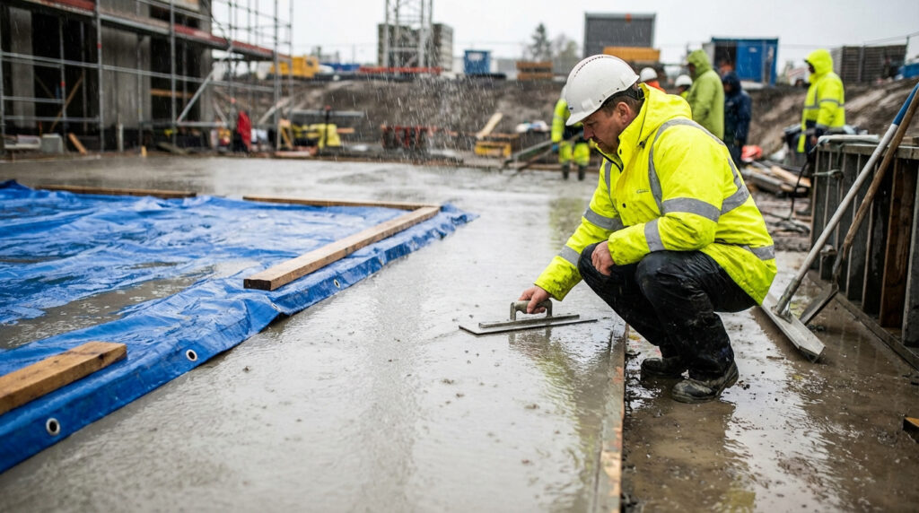 Ouvrier en ciré jaune et casque blanc lissant du béton frais avec une truelle sous la pluie sur un chantier.