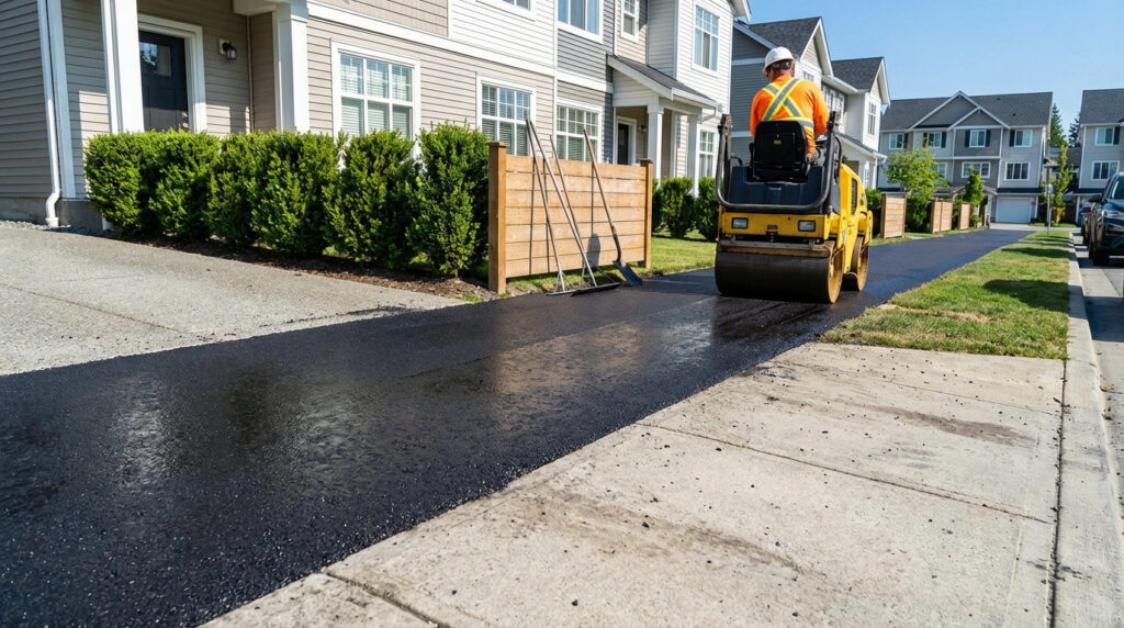 Un ouvrier en gilet orange goudronne une allée résidentielle avec un compacteur jaune. Des maisons bordent la rue.