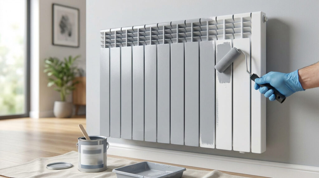 Gant bleu peignant un radiateur électrique blanc en gris avec un rouleau. Pot de peinture ouvert et bac à peinture au sol.