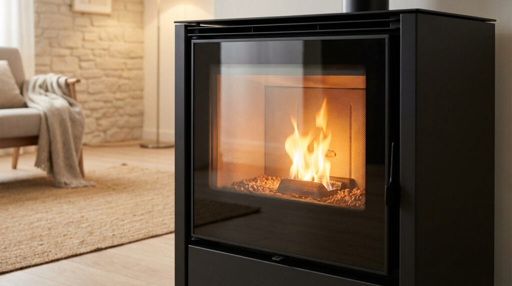 Poêle à granulés noir avec flammes éclatantes, vitre impeccablement propre, dans un intérieur cosy avec fauteuil et mur en pierre.