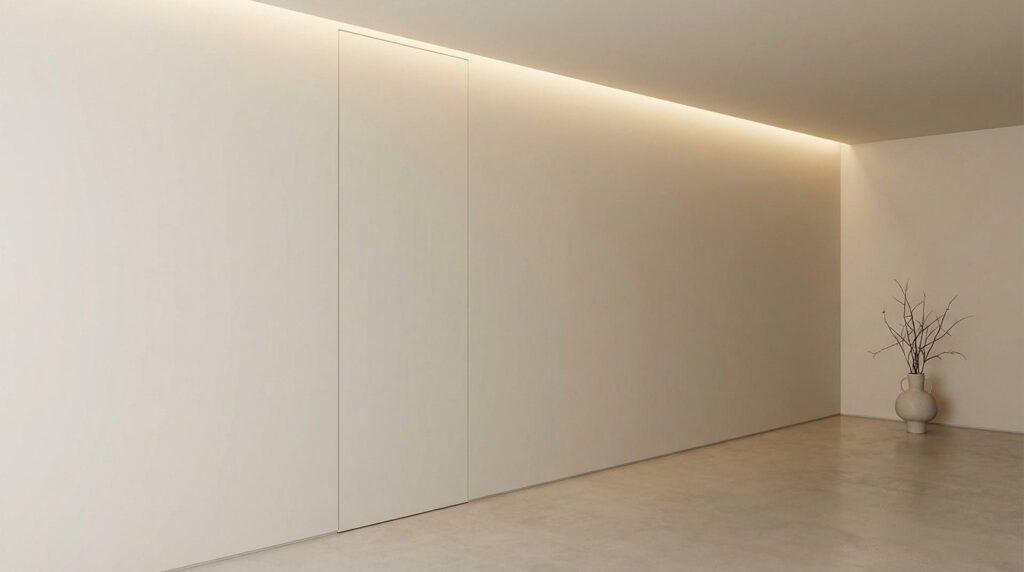 Intérieur moderne aux murs beiges, porte affleurante sans poignée, éclairage indirect au plafond et vase décoratif.