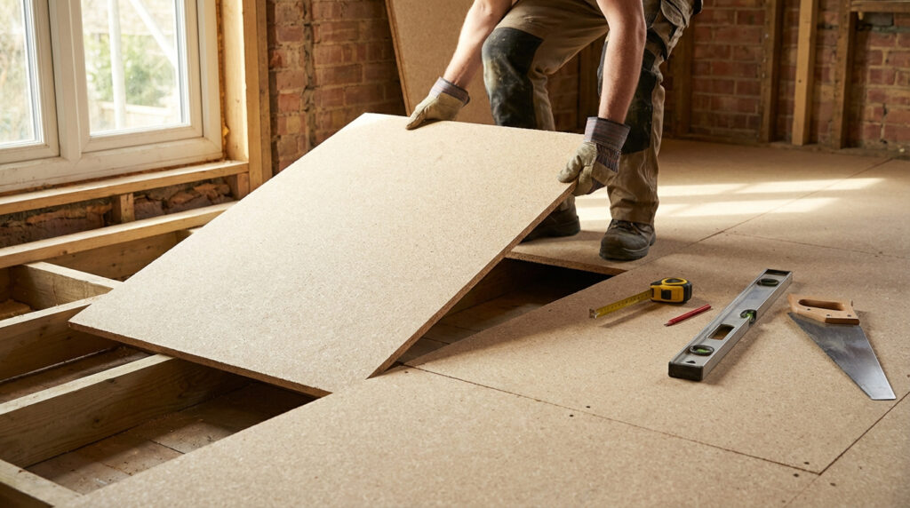 Un ouvrier pose une dalle de plancher aggloméré sur des solives en bois, avec des outils de construction à côté.