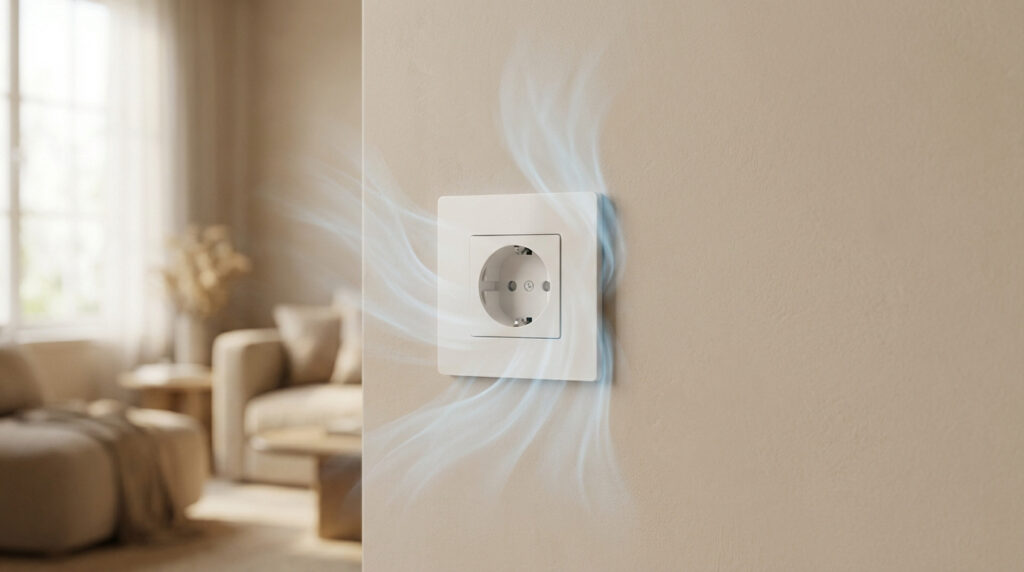 Prise électrique blanche sur mur beige avec symboles de courant d'air. Salon moderne en arrière-plan flou.