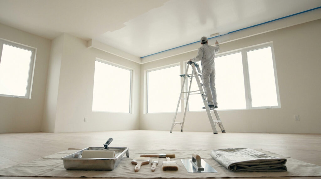 Un peintre sur échelle applique de la peinture blanche au plafond d'une pièce moderne et lumineuse. Des outils de peinture sont au sol.