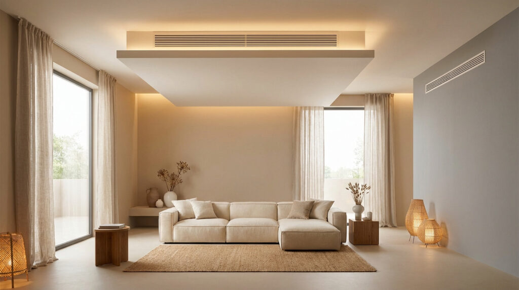 Salon moderne aux tons neutres avec grand canapé, tapis en jute, fenêtres lumineuses et diffuseurs de pompe à chaleur gainable intégrés.