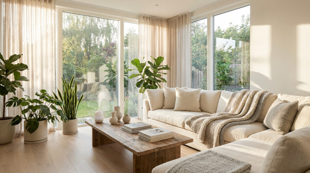 Salon zen et lumineux avec canapé crème, table basse en bois, plantes vertes luxuriantes et diffuseur d'huiles essentielles. Vue sur jardin.