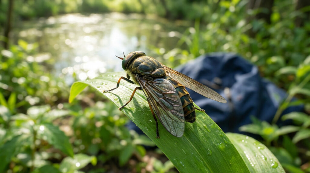 Gros plan d'un taon posé sur une feuille verte avec des gouttelettes d'eau, en arrière-plan flou un plan d'eau et de la végétation.