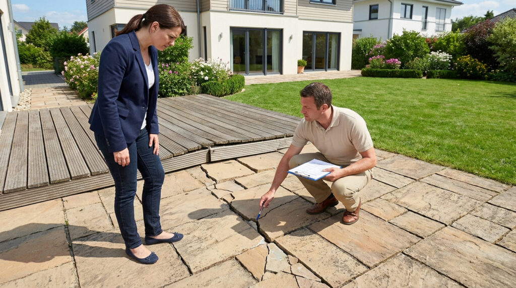 Un homme expert examine une terrasse résidentielle affaissée et fissurée avec une femme. Il note les dégâts sur un bloc-notes.