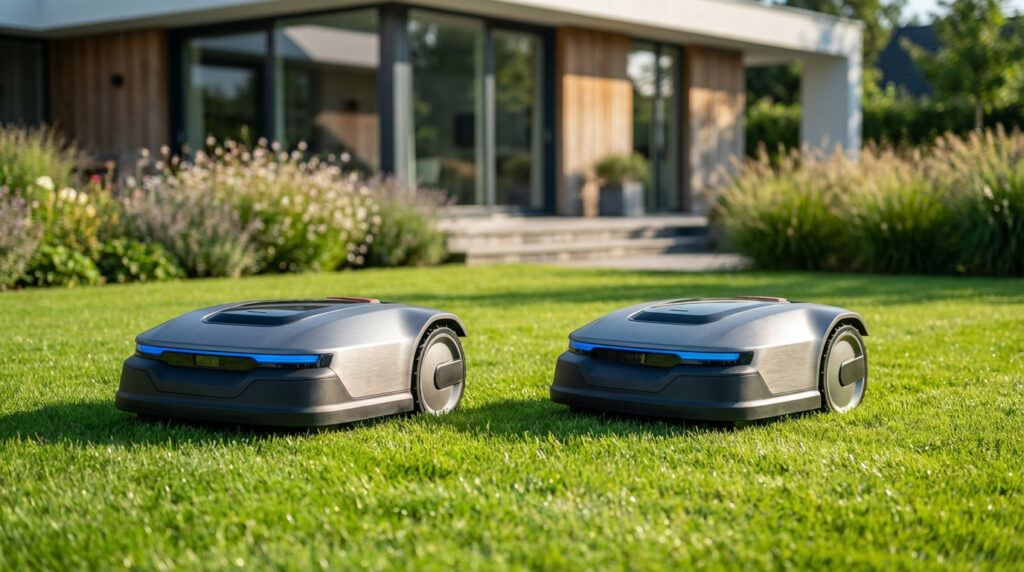 Deux tondeuses robots grises et noires avec des accents bleus, posées sur une pelouse verte impeccable devant une maison moderne.