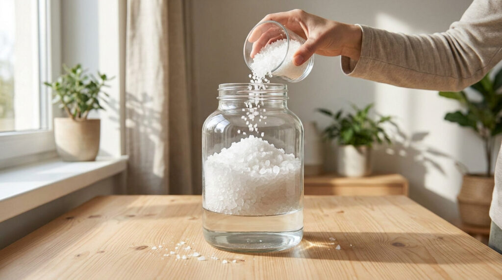Une main verse du gros sel dans un bocal en verre pour créer un déshumidificateur naturel dans un intérieur lumineux.
