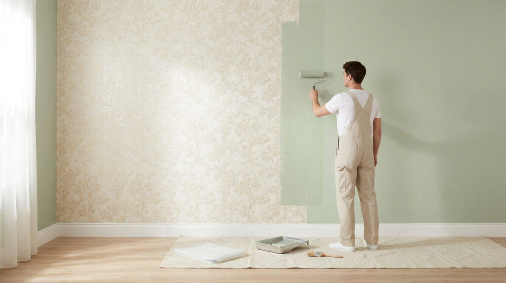 Un homme en salopette beige peint un mur en papier peint avec un rouleau vert sauge.