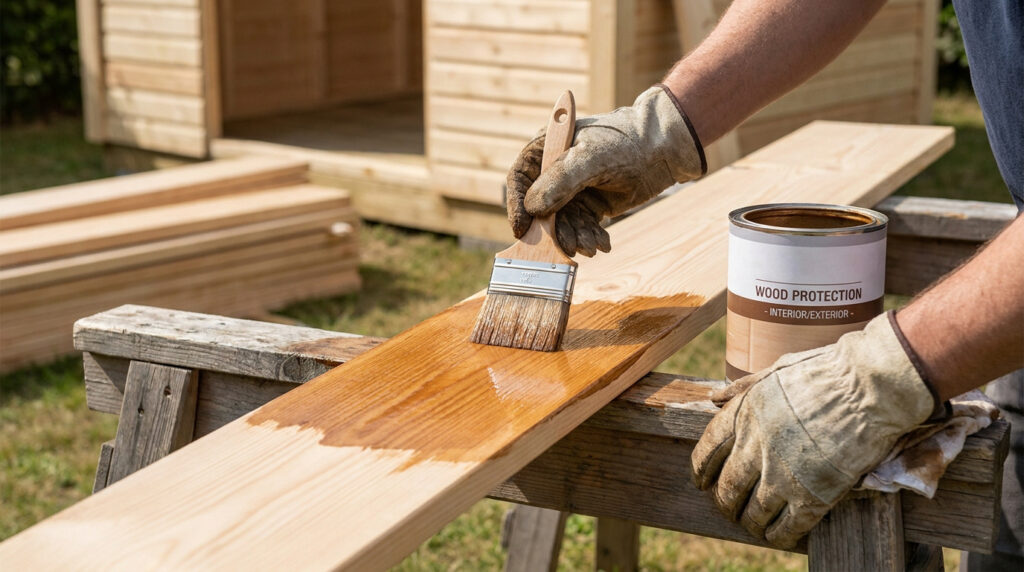 Une personne portant des gants de protection applique de la lasure sur une planche en bois posée sur un tréteau.