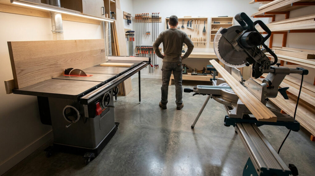 Un menuisier debout dans son atelier de bois, entre une scie sur table et une scie à onglet professionnelle.