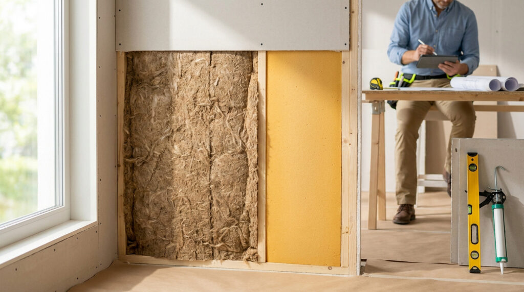 Un artisan évalue des travaux d'isolation murale montrant différents matériaux isolants installés dans une ossature bois.