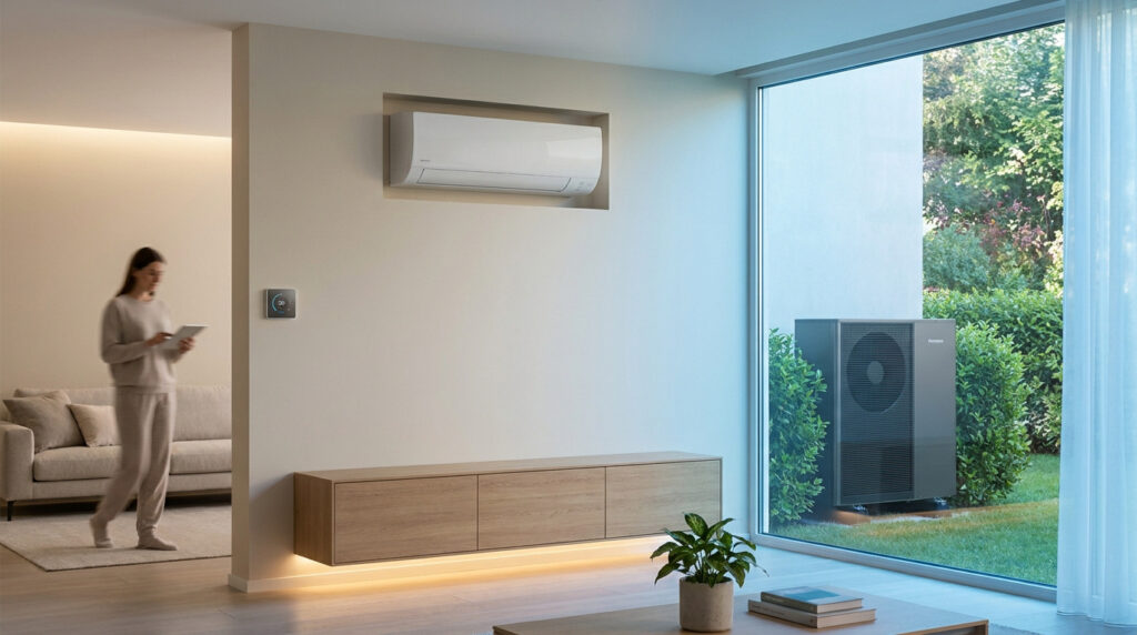 Une femme consulte sa tablette dans un intérieur moderne. Un climatiseur mural et une pompe à chaleur extérieure sont visibles.