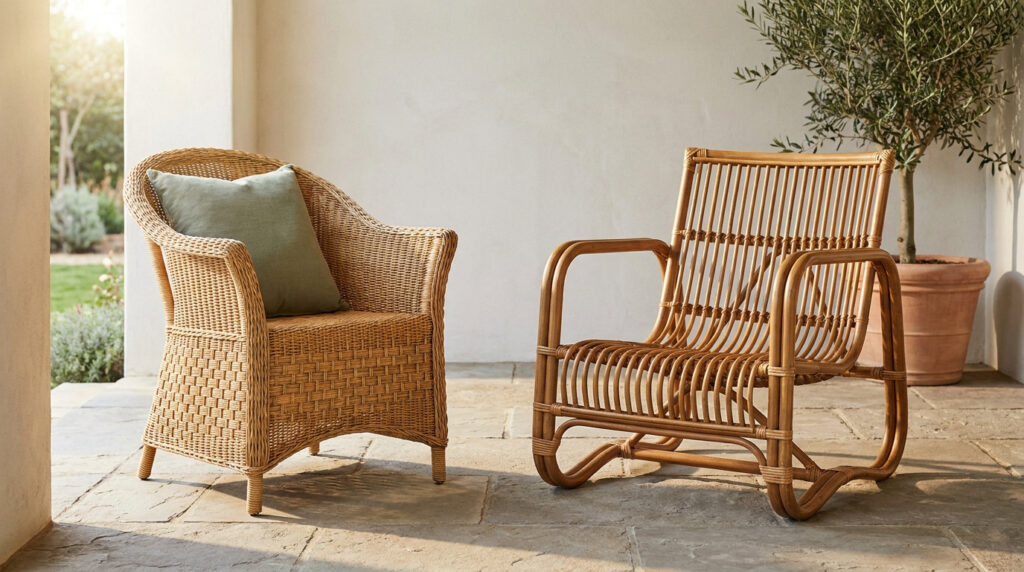 Fauteuil en osier tressé avec coussin et chaise en rotin ajouré sur une terrasse en pierre.