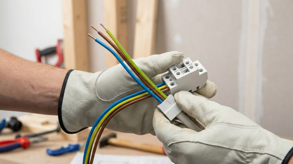 Électricien portant des gants de protection manipulant des fils électriques colorés dans un domino.